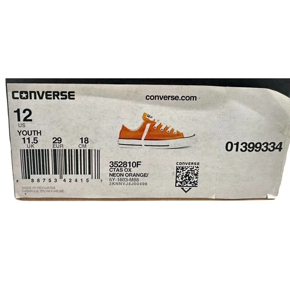 Rare! CONVERSE ALL STAR~Bright NEON Orange & White‎ / Size: 12 Youth